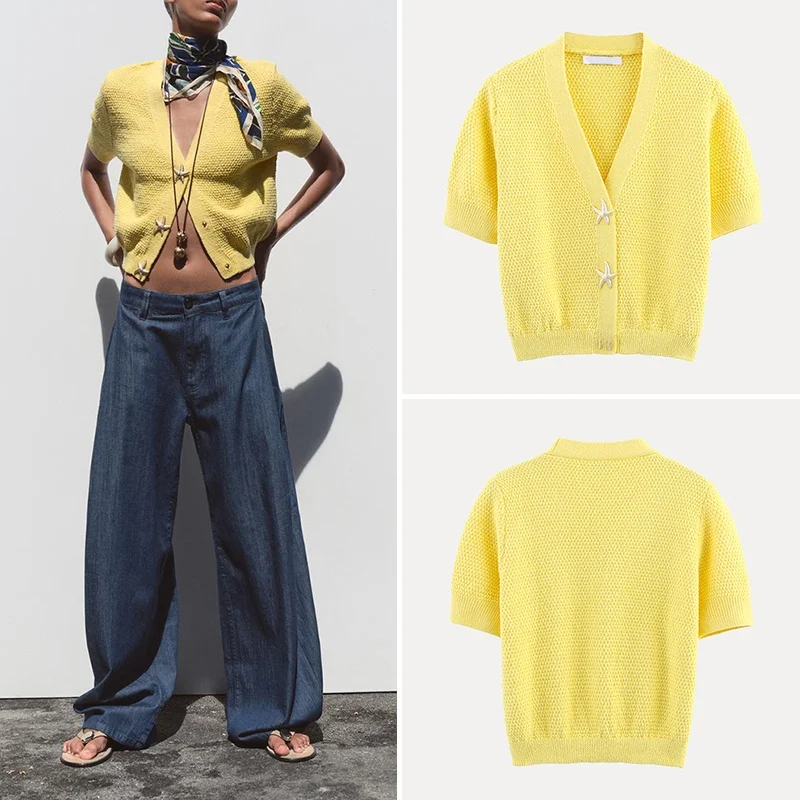 Sommer 2025, gestrickte Jaet-Stern-Knopf-Design, offene Strickjacke aus Polyesterfaser, modische Oberbekleidung