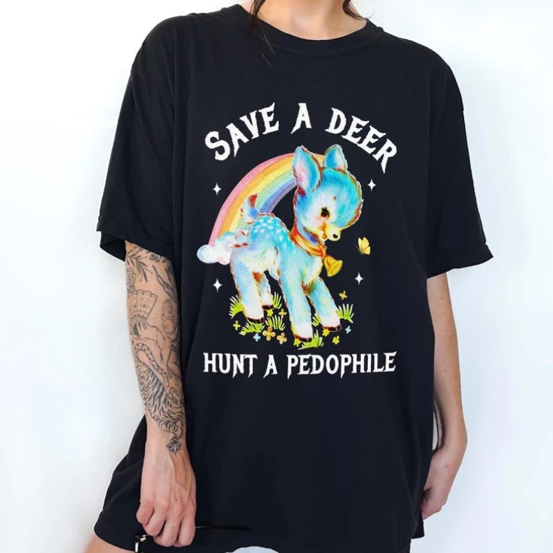 Save A Deer Hunt A Pedophile Unisex Cartoons Graphic Tee  All-match Regular Short Sleeve Summer Crewneck Cotton Streetwear