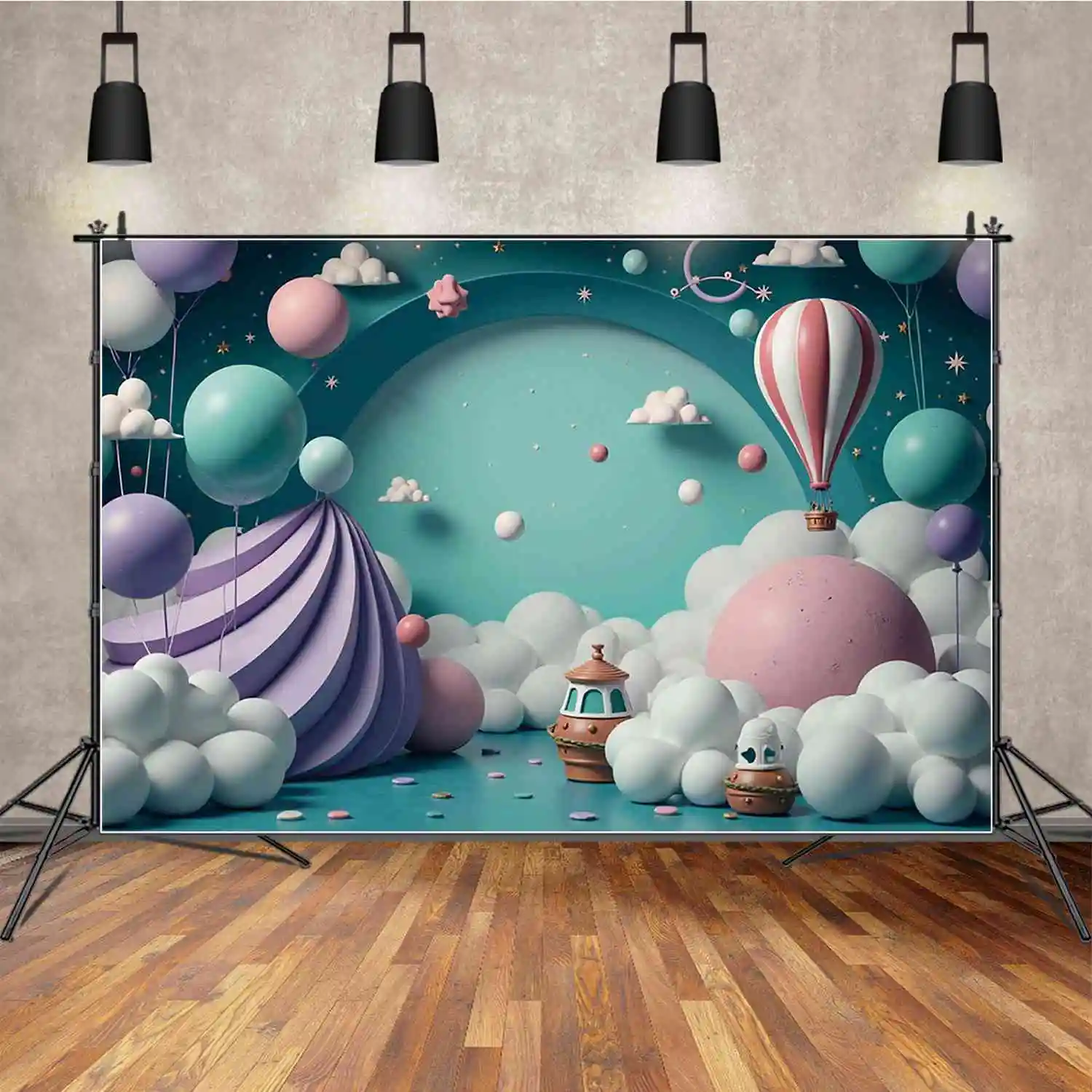 MOON.QG Hot Air Balloon Children Birthday Photography Backdrop Cosmos Rocket Cactus Photocall Background Child Studio Props