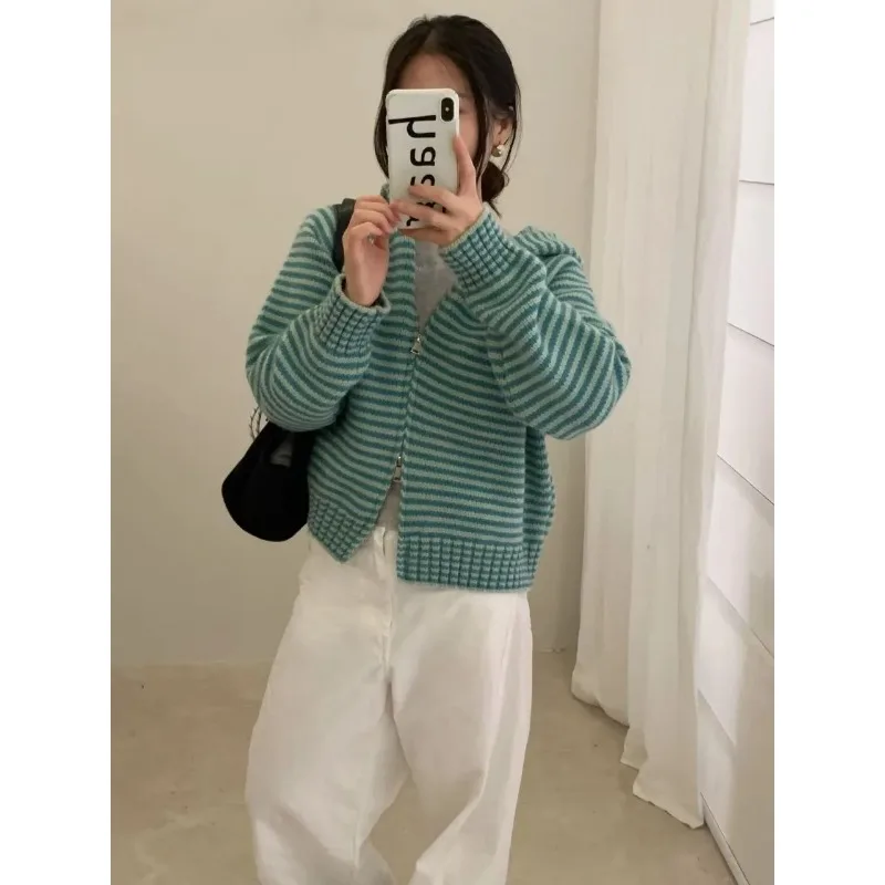 

Korean Style Contrast Striped Double Zipper Hooded Knitted Cardigan for Women Autumn Winter Lazy Style Sweater Jacket Thick