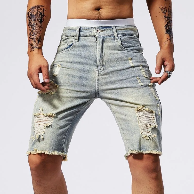 Micro-elastic Slim-fit Summer Five-point Jeans Casual Shorts Loose-fitting Men's Denim Shorts 5-point Ripped