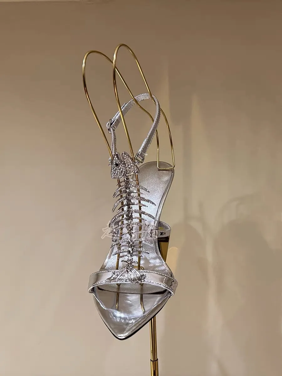 

2026 Summer New Women's Multicolor Fishbone Rhinestone Embellished Sandals Stiletto Pointed Toe T Strap Modern Evening Sandals