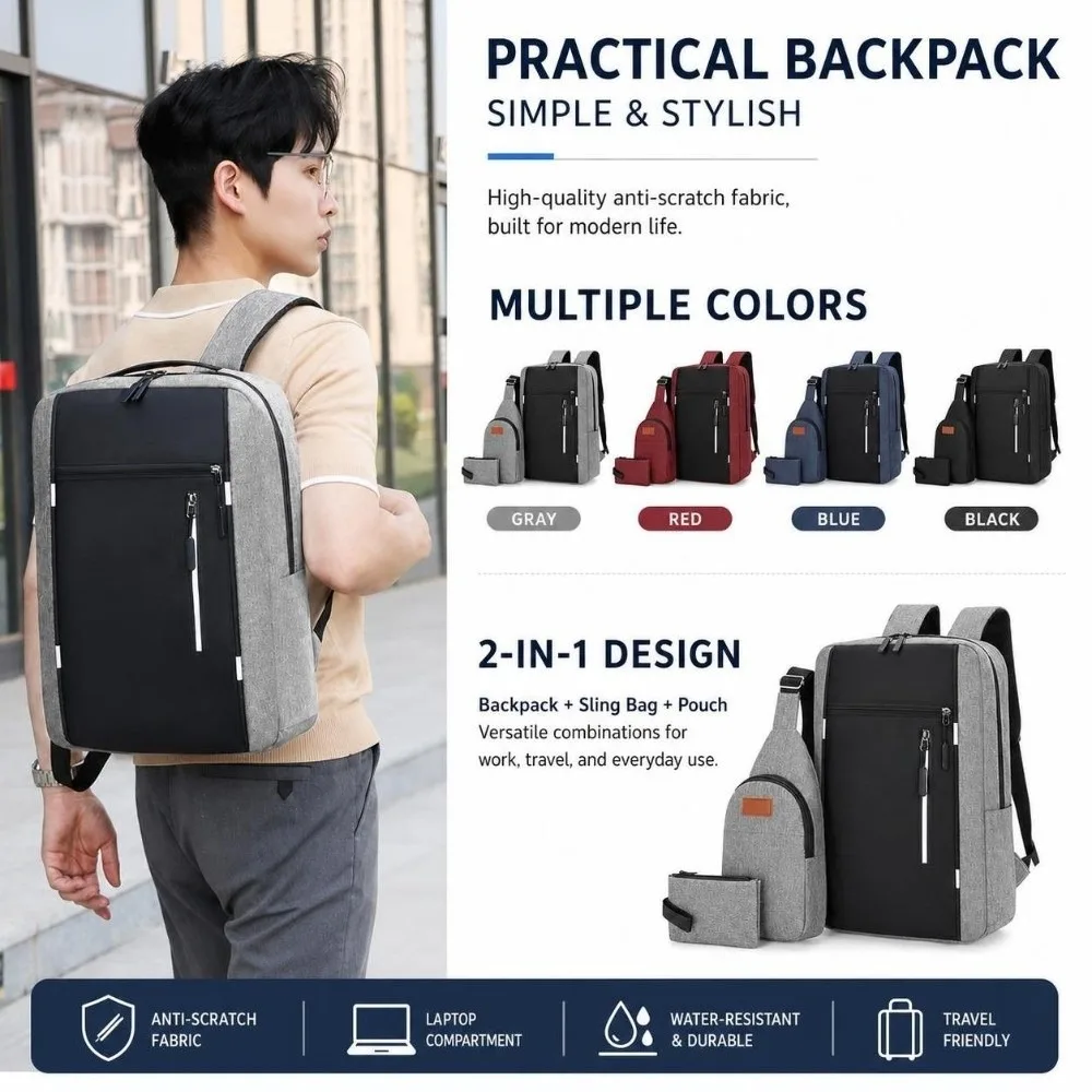 3Pcs/Set Large Capacity Student Schoolbag Nylon Breathable Business Computer Bag Durable Multifunctional Waterproof Rucksack