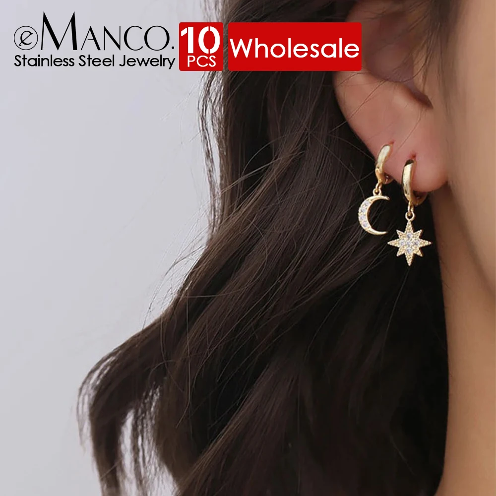 eManco 10PCS New Stainless Steel Hoop Earrings Women's Celebrity Moon Earrings Girls Birthday Gift  dropshipping/Wholesale