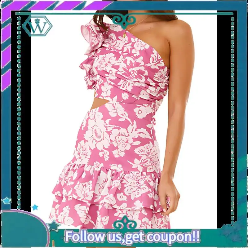 A09P 캐주얼 여름 플로럴 프린트 러플 슬리브리스 컷아웃 미니 드레스 보헤미안 비치 선드레스