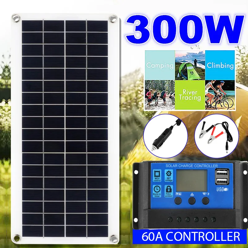 300W Solar Panel 12V Solar Cell 10A-60A Controller Solar Panel for Phone RV Car MP3 PAD Charger Outdoor Battery Supply