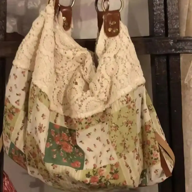 خليط الدانتيل زهرة طباعة حقائب كتف خمر كل مباراة Haruku حقائب اليد النسائية موضة Y2k الجمالية حقيبة تحت الإبط عادية