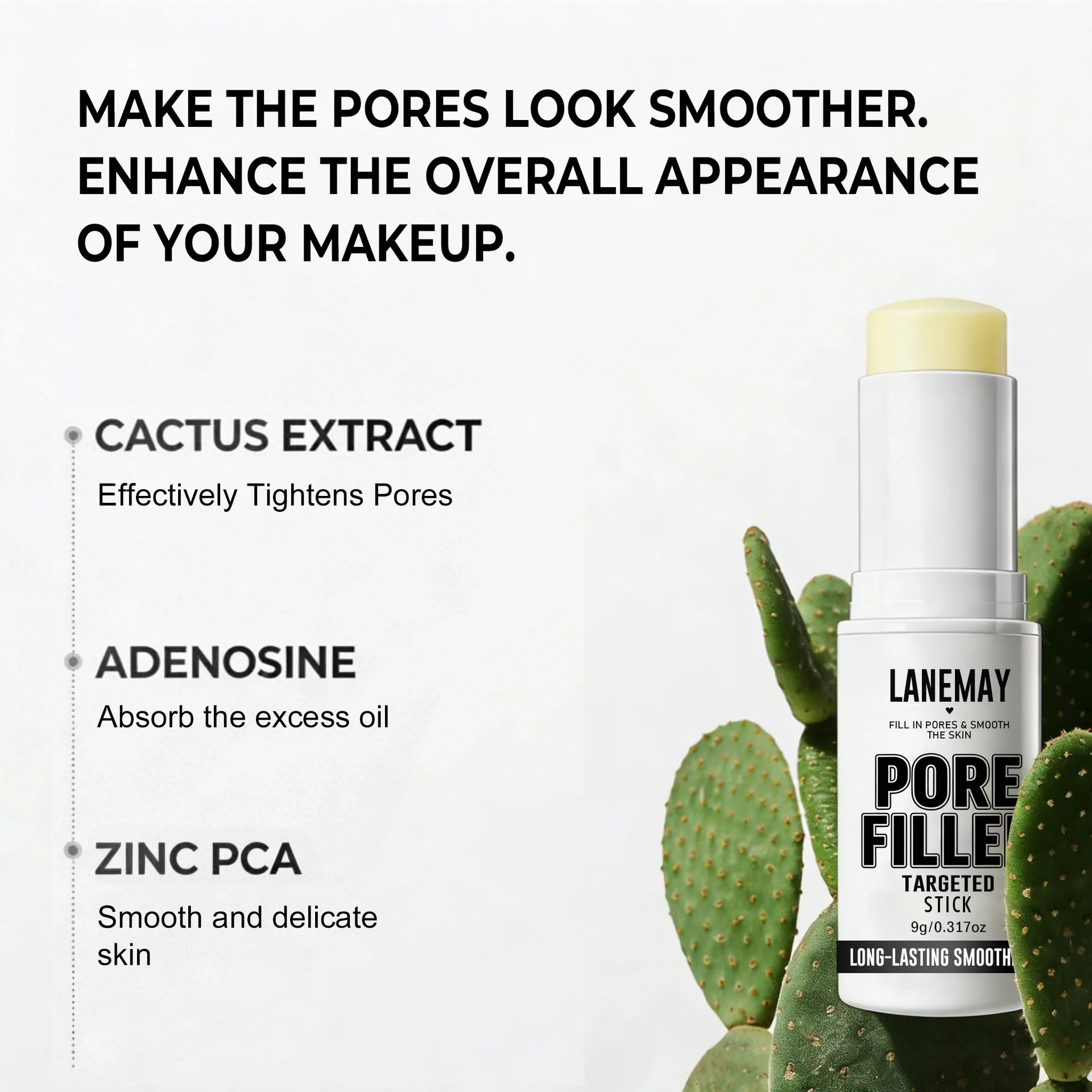 Pore Filler Targeted Stick with Cactus Extract, Adenosine & Zinc PCA – Cooling, Depuffing & Long-Lasting Smoothness.