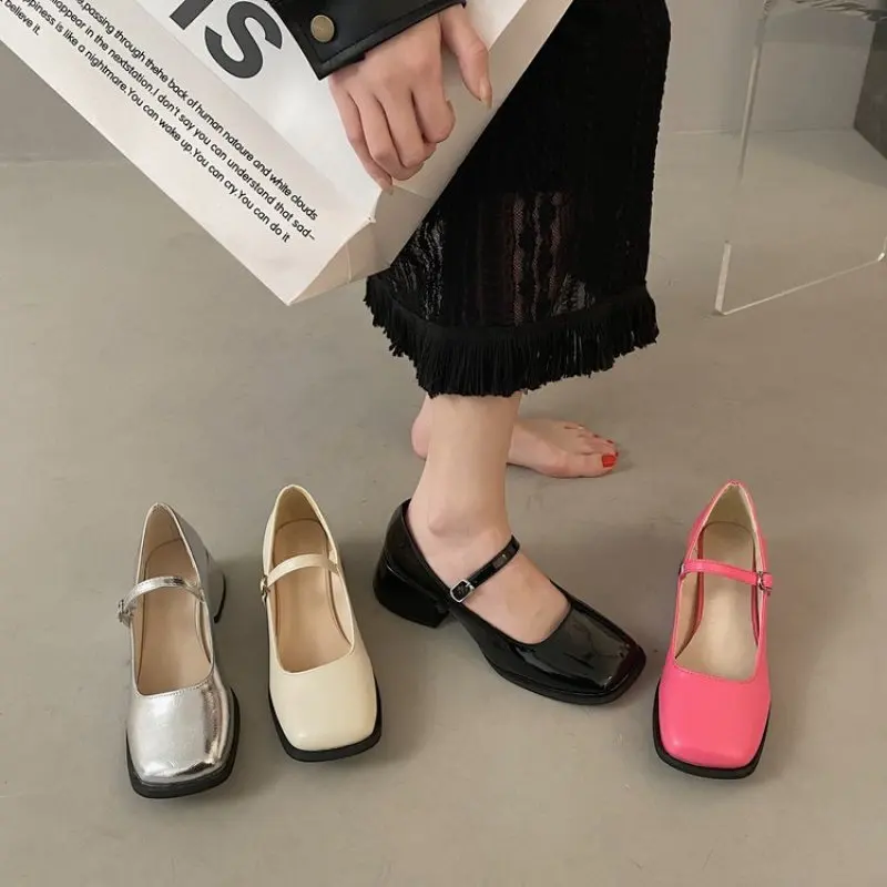 

New Shoes for Women Square Toe Ankle Buckle Pumps Woman Leather Thick Heeled Party Shoes Ladies English Style Fashion comfort