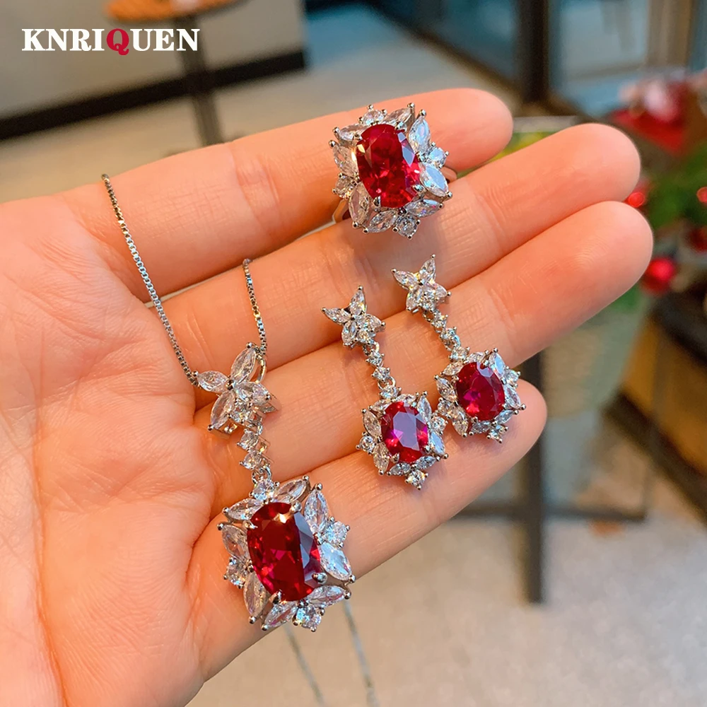 

2022 Vintage Ruby Jewelry Set for Women Rings Pendant Necklace Earrings Simulation Gemstone Wedding Accessories Anniversary Gift