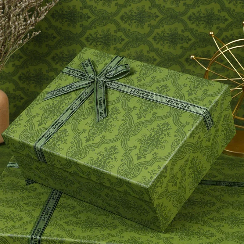 Luxury Retro Green Gift  Box with Bow Grass Card Perfume Scarf Candy Box Wedding Birthday Souvenir Gift DIY Packing Decor