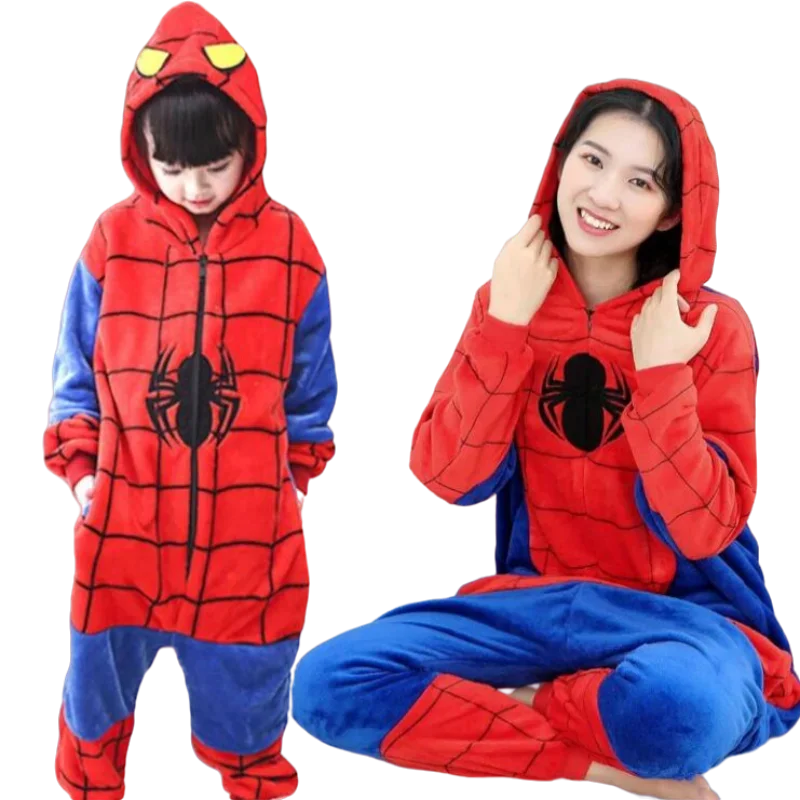 Spiderman Onesie Adult Kids Spider Man Cosplay Costume Nightgown Home Flanne Hooded Sleepwear Jumpsuit Pajamas For Women Men