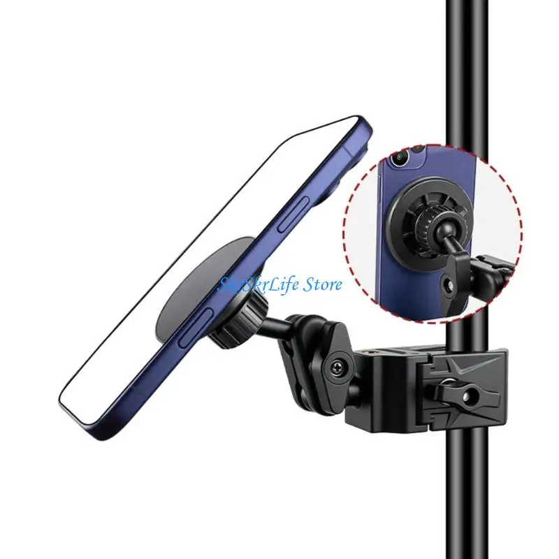 E65E Round Tube Phone Holder with Clamp Head, Rubber Contact Layer, Camera Stand Port, and Support Post Use for 4 to 7 In Phones