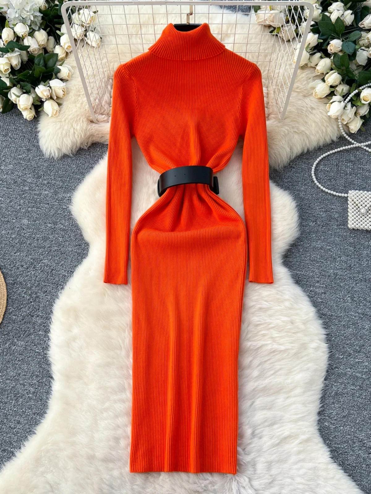 เสื้อไหมพรมคอสูงทรงเอ สไตล์เกาหลี สำหรับผู้หญิง ใส่เป็นเสื้อตัวในช่วงฤดูหนาว ทรงเข้ารูป มีเข็มขัด ผลิตจากเส้นใยโพลีเอสเตอร์ แขนยาว