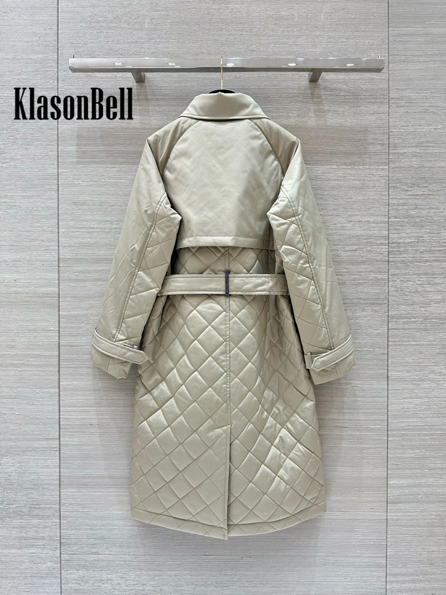 8.11 KlasonBell Women British Style Bead Chain Argyle Plaid Quilted Keep Warm Parkas Lapel Double Breasted Sashes Long Coat