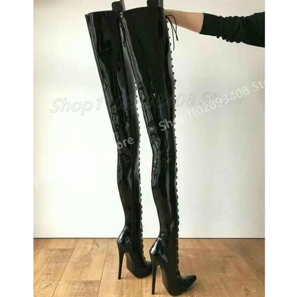 

Shiny Leather Front Lace-up Long Boots Over the Knee Stiletto High Heel Black High Quality Fashion Women Shoes 2025 Para Mujere
