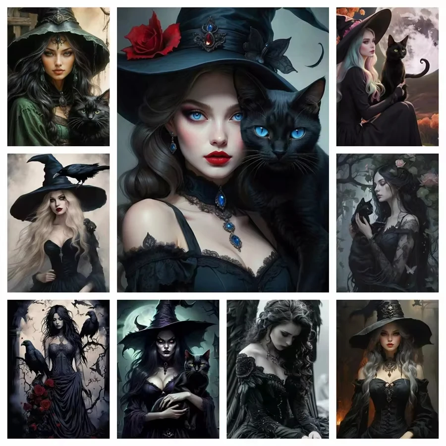 Magische Hexe und Schwarze Katze Diamant-Malerei-Set für Heimdekoration 5D DIY Vollflächiges Leinwand-Diamantbild Mystische Halloween-Kunst Geschenk