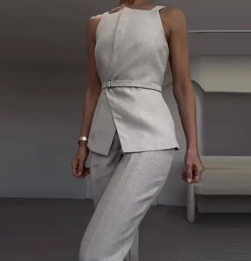 

Женский комплект брюк 2025 года, модный весенне-летний комплект, хит продаж, новый стильный женский комплект одежды без рукавов для похудения, серый комплект