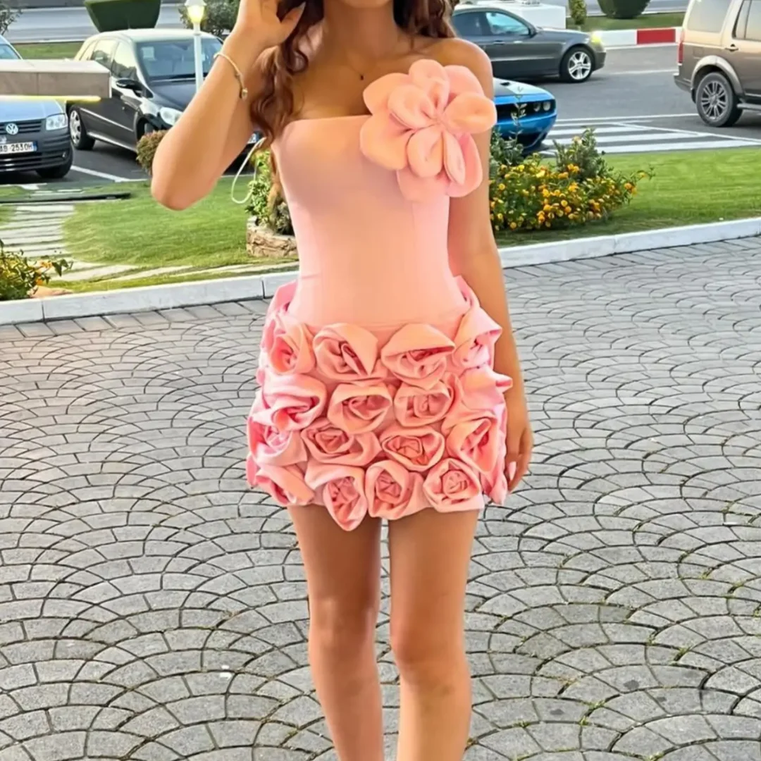 

Chic Handmade 3D Floral Prom Party Dresses Wedding Guest Gown Birthday Party Dress Pink Rose Flowers Mini Dress Customized