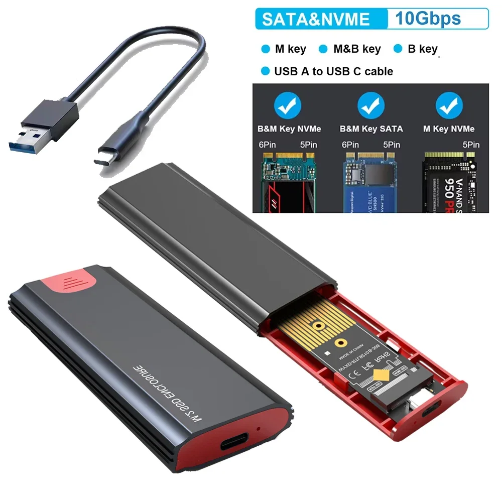 

M2 SSD Case M.2 NVMe SATA SSD Enclosure Adapter 10Gbps USB 3.2 Gen2 USB C External Enclosure Supports M and B and B&M Keys
