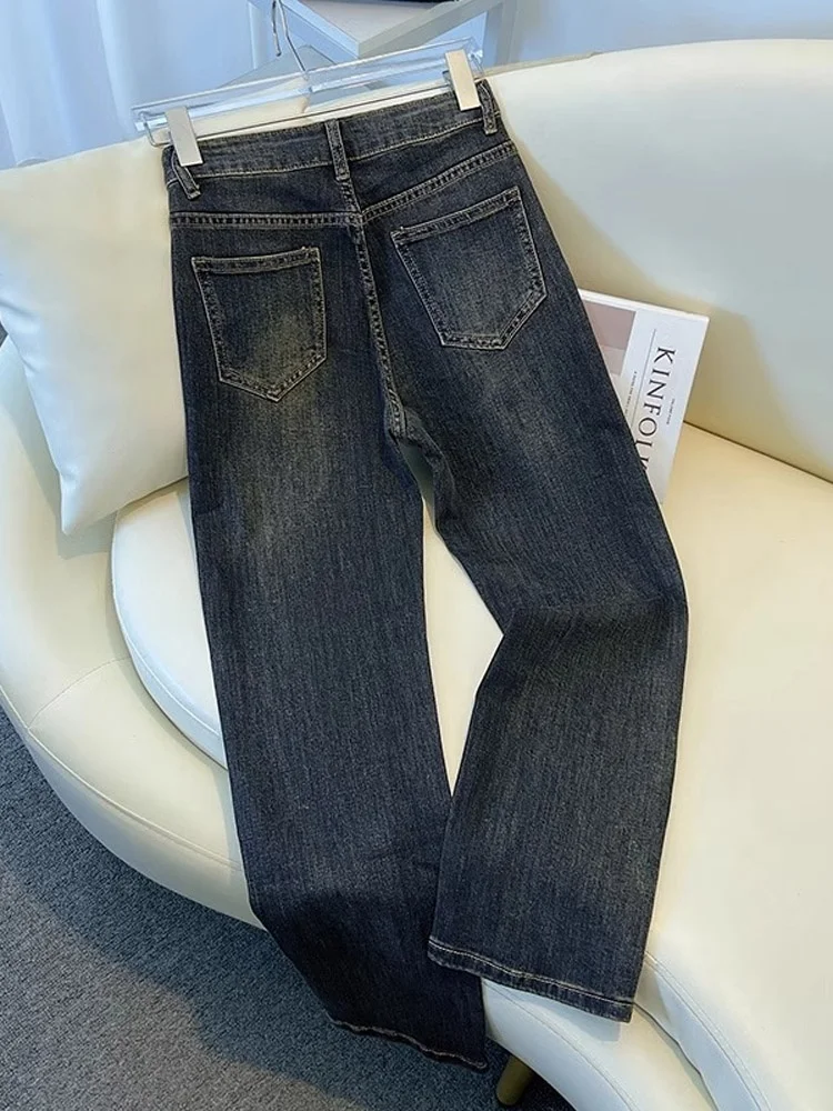 Damskie jeansy z wysokim stanem, dopasowane, z prostymi nogawkami, nowe na wiosnę i lato, w kolorze cementowym, spodnie typu cigarette z rozcięciem, długość 7/8.