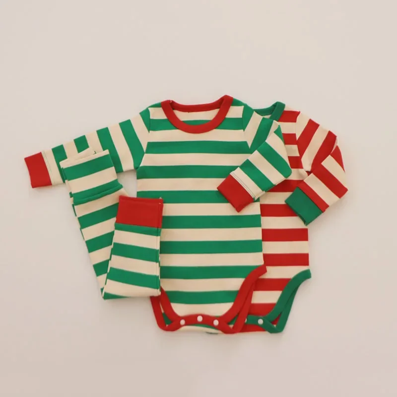 

2024 Baby Clothes Set Newborn Pure Cotton Christmas Suit Baby Boys Girls Red Green Stripes Rompers + Pants 2-piece Set 0-2y