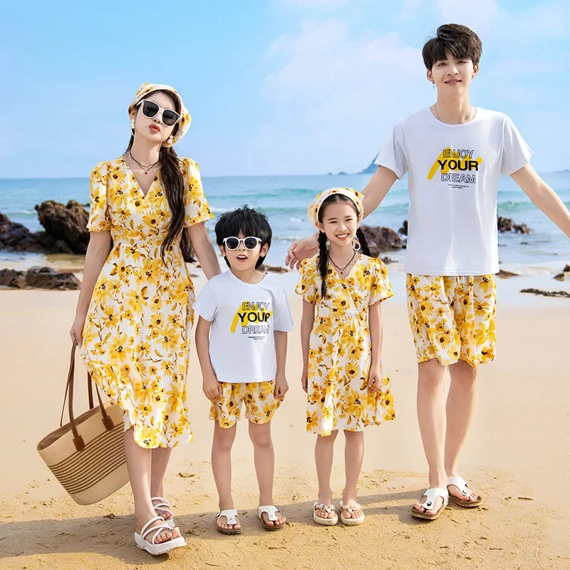 Family Matching Resort Beach Couple Clothes Vacation Parent-child Outfits Korean Mom Daughter Yellow Floral Dress Dad Son Sets