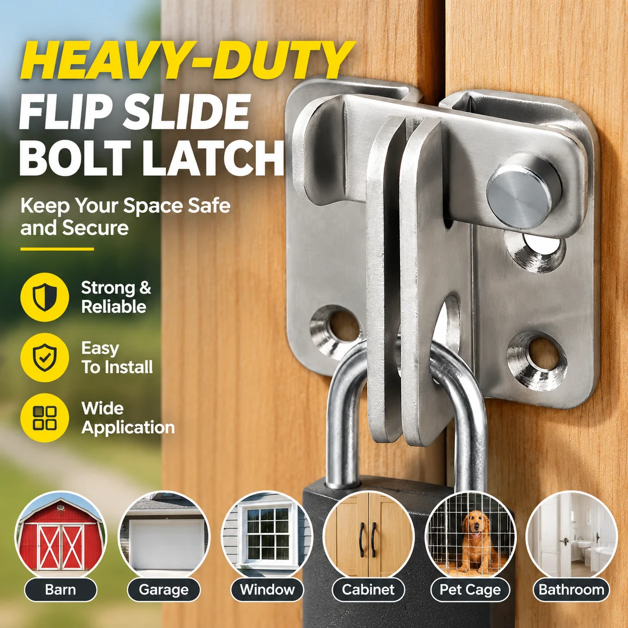 Heavy-Duty Flip Slide Bolt Latch Safety Door Lock Catch for Barn Garage Window Cabinet Pet Cage Bathroom