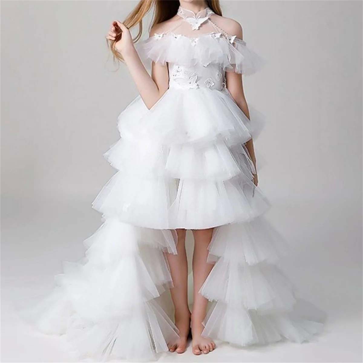 

White Layered Tulle Bow Decorative Flower Girl Dress Wedding Cute Little Flower Child First Eucharist Celebration Dress Gift