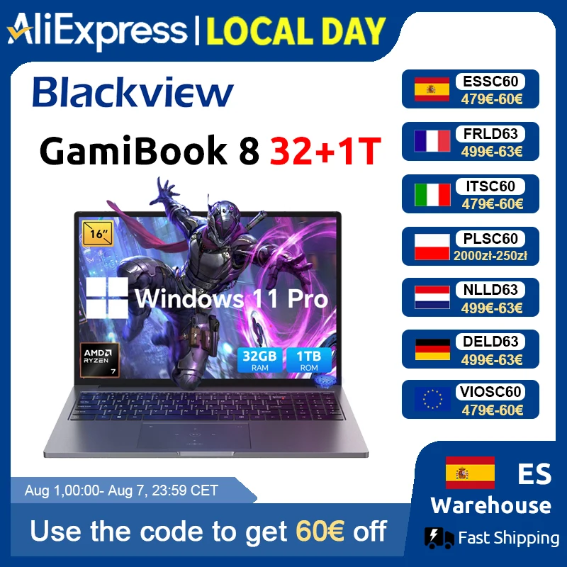 Blackview ‎ Portátil GamiBook 8 con AMD R7 7735HS, Pantalla de 16 Pulgadas, Batería de 5000 mAh, 16 GB de RAM LPDDR5, 512 GB de ROM, Windows 11 Pro, BT5.2, Wifi 6, Teclado Retroiluminado