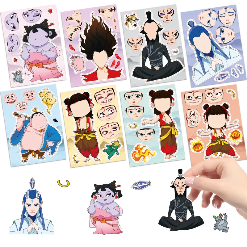 8Pcs/Set Nezha Face Changing Set Personalized CreativeMake a faceGraffiti Stickers for Earphones, Refrigerators, and Notebooks