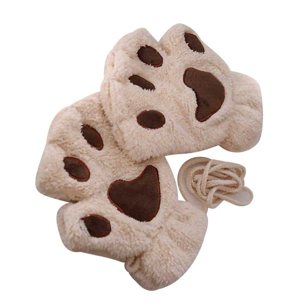 

Screen Gloves 19X16Cm Beige Fingerless Mittens Winter Anti-Cold Paw Pattern Half Finger Gloves For Cycling