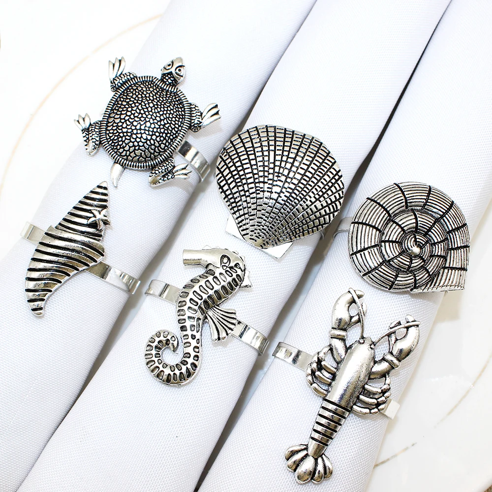 4Pcs Ocean Series Napkin Rings Metal Starfish Lobster Shell Turtle Octopus Seahorse Napkin Buckle for Wedding Party Table Decor