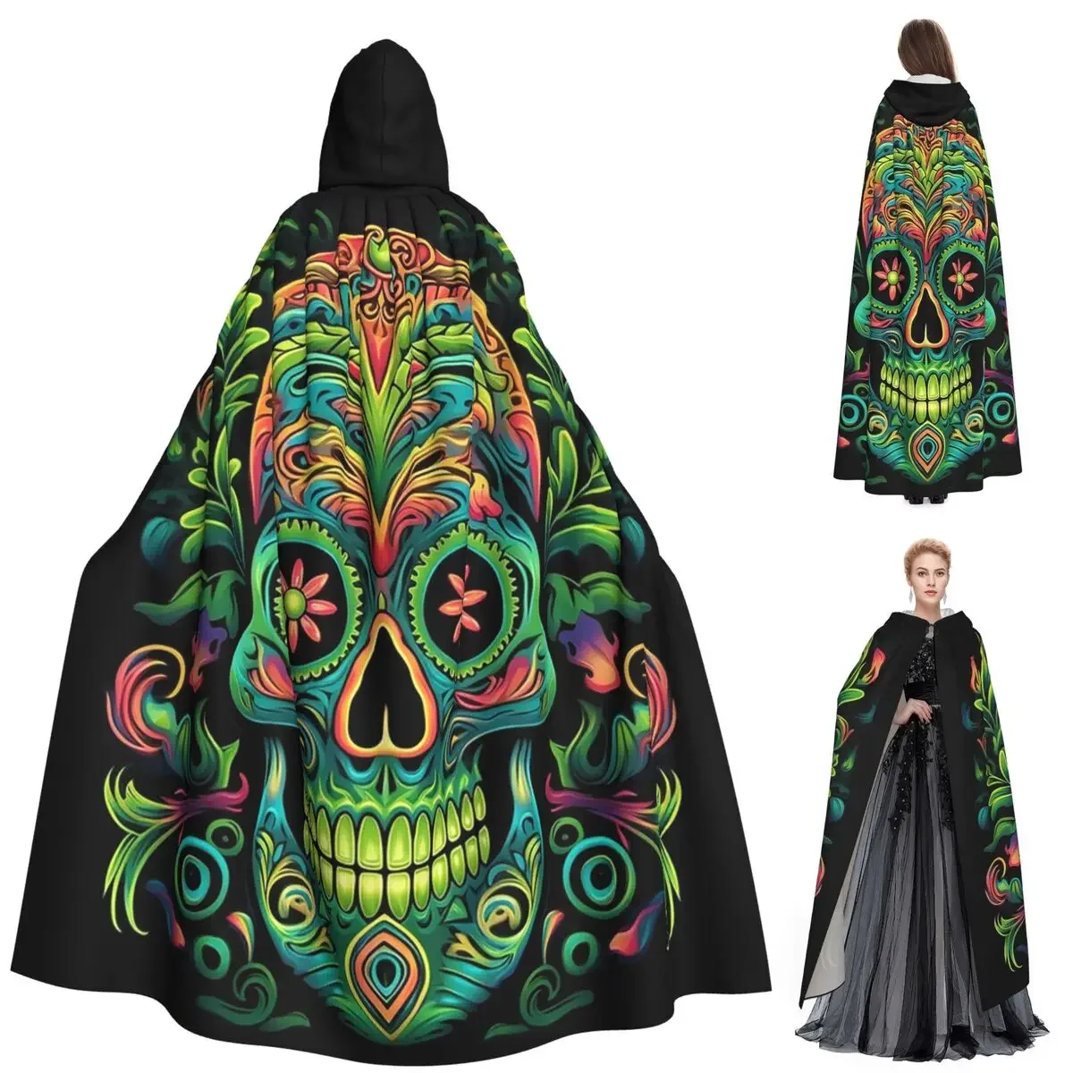 

Mexican Skull Calavera Sugar Skull Long Hooded Cloak Witch Medieval Costume Cosplay Cape HalloweenVampire Adult Unisex