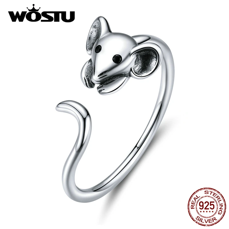 WOSTU 925 Sterling Silver Lucky Mouse Adjustable Rings For Women Lovely animal opening ring Girl Party Jewelry Gift