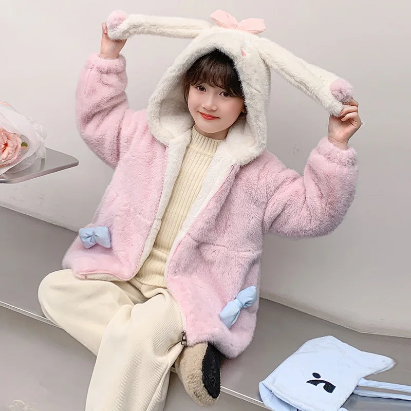 Kawaii inverno cinnamoroll crianças jaqueta de pelúcia com capuz anime sanrios dos desenhos animados menina moda doce quente pele de vison casaco com capuz ao ar livre