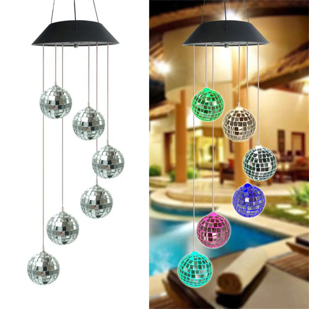 Color-Changing Disco Mirror Ball Lamp Solar Powered Wind Chime Mobile Hanging Light for Garden Landscape Pathway Festival Decor