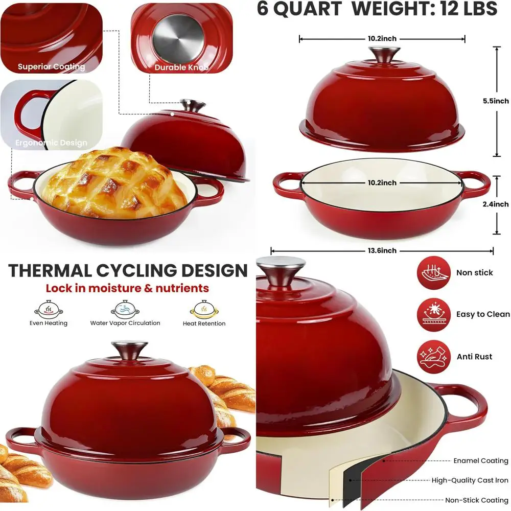 

Red 6-Quart Enameled Cast Iron Dutch Oven for Bread Baking, Oven-Safe up to 500°F with Dome Lid