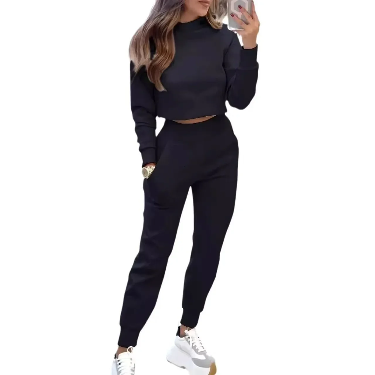Short Sleeveless Hoodie round Neck Casual Fashion Set Autumn Winter New Style Simple Elegance Wind Wool Blend Cotton Polyester