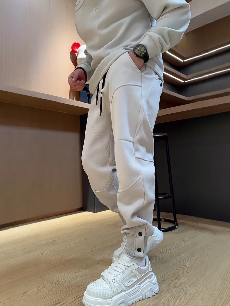 

Модные повседневные брюки для мужчин с пуговицами и эластичным поясом на шнурке, универсальные, осенне-зимняя новинка