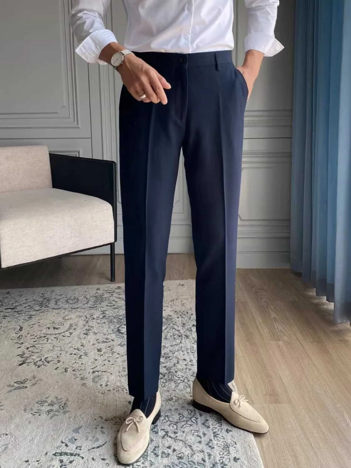 

Мужские повседневные брюки прямого кроя, укороченные (7/8), модные, приталенные, в британском стиле, летние, не требующие глажки