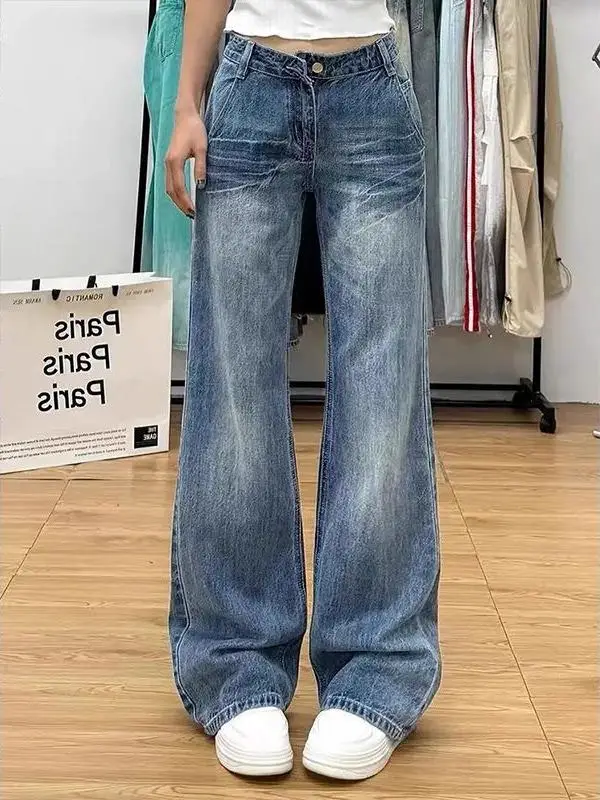

Low Waist Bell Bottom Denim Jeans Women's High Street Slim Straight Loose Wide Leg Long Pants Blue Washed out Jeans
