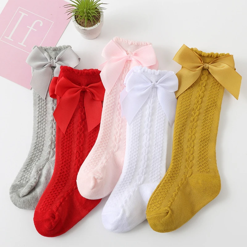 

New Brand Kids Socks Toddlers Girls Big Bow Knee High Long Soft Cotton Spanish Style Children Dress Princess Stripe Socks