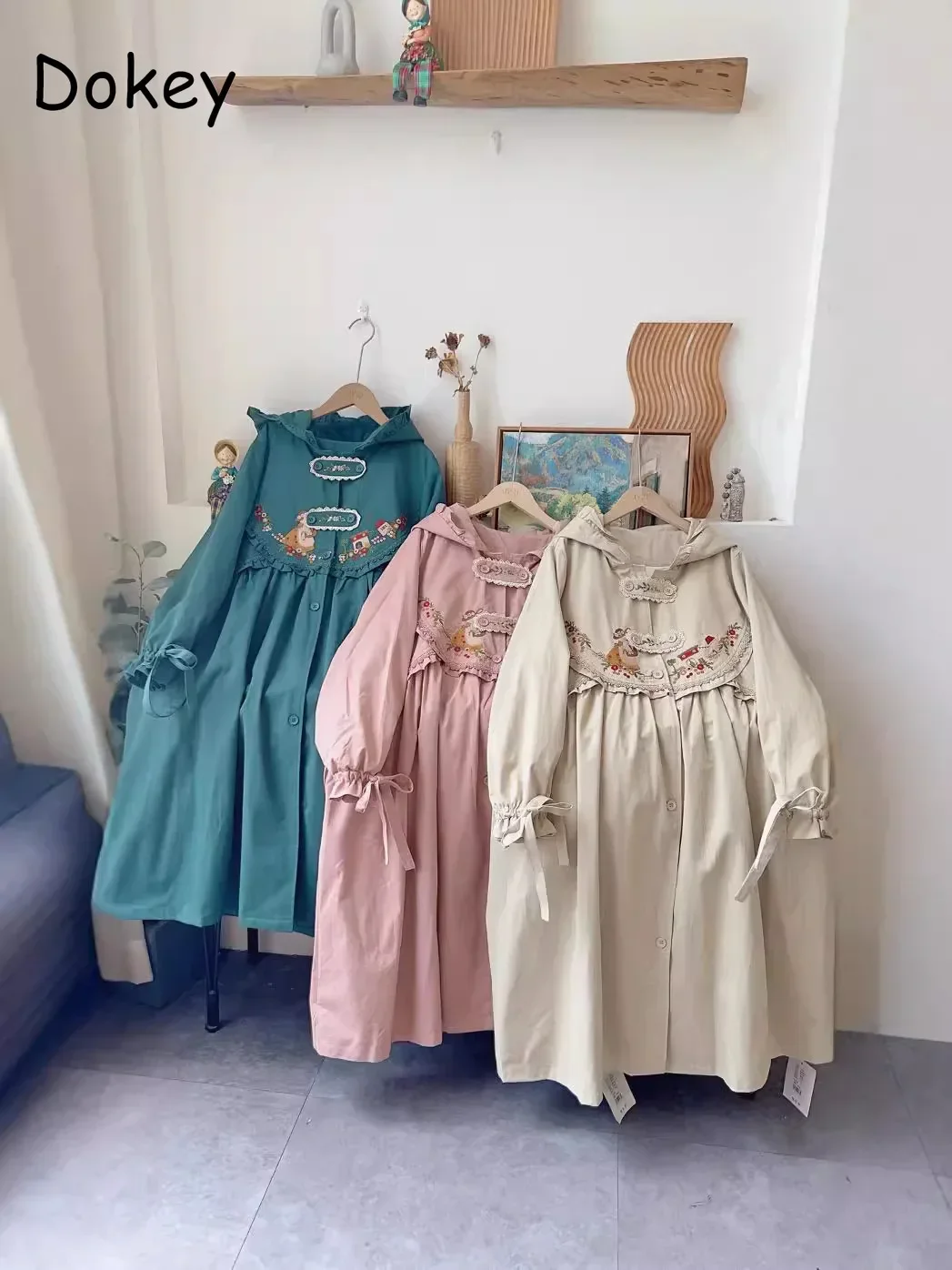 Trench con cappuccio ricamo Vintage donna giapponese Mori Girl Kawaii giacche a vento donna autunno arruffato capispalla allentata