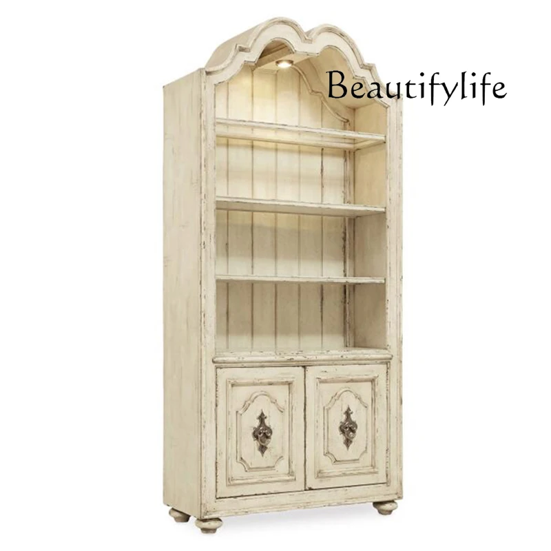 

Retro display cabinet All solid wood arched bookcase White old adjustable multi-layer display cabinet Customization