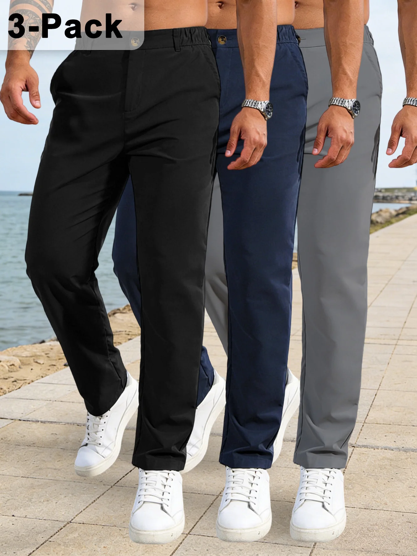 3 Pcs Mens Half Elastic Waist Straight Casual Trousers Button Closure Side Hand Pockets Soft Durable Woven Pants Office Commute