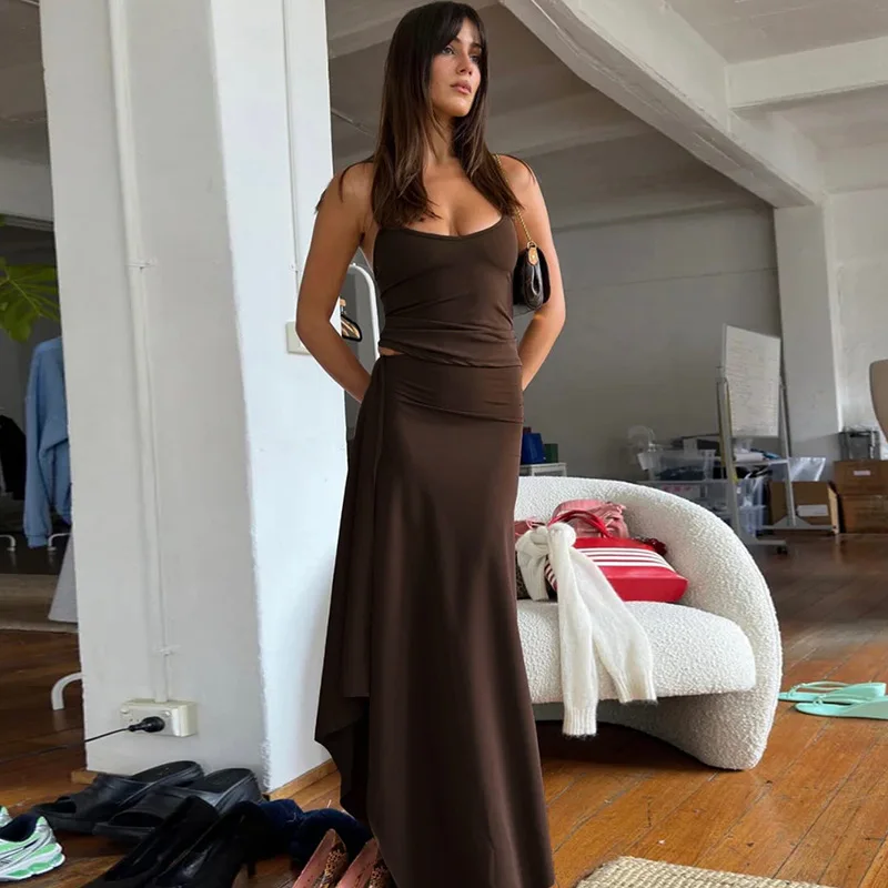 Temperament Classic Solid Color Summer New Pure Color Halter Backless Strap Irregular Slit Dress Suit Women Relaxation home slin