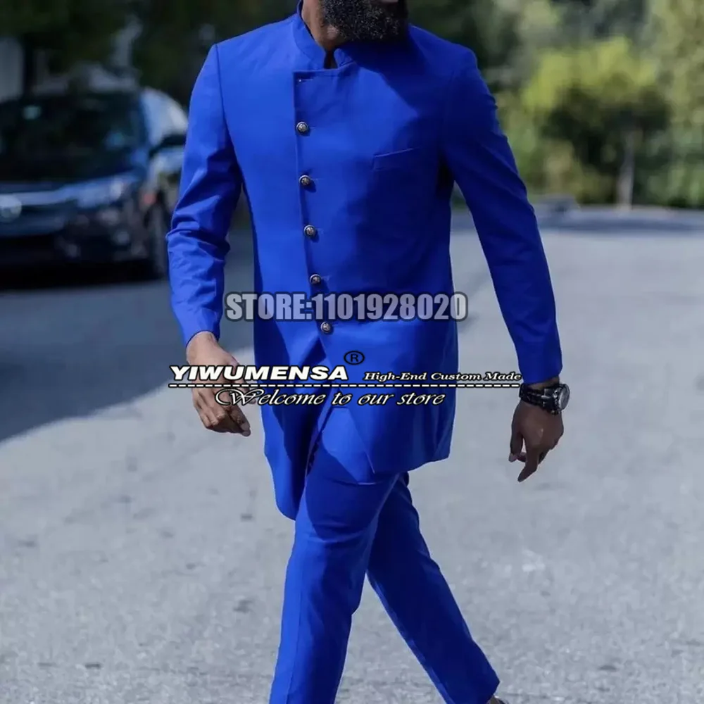 Royal Blue Suits Men Africa Groom Wedding Tuxedo Smart Casual  Stand Collar Singel Breasted Coat Pant Design Latest Blazer Set