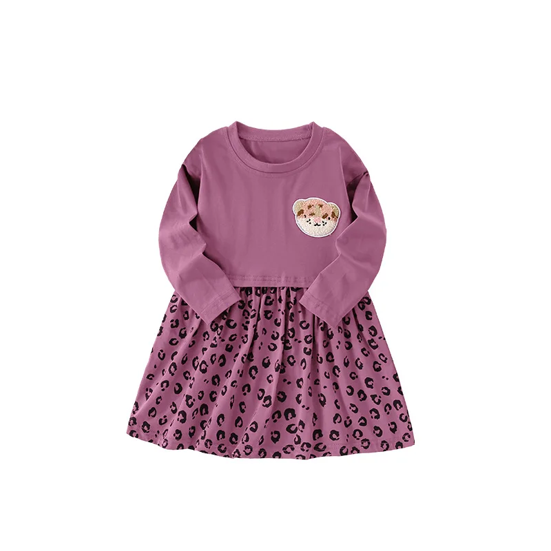 Neck Leopard Pattern Long Sleeve Fashion Little Girls Dress 2025 Spring Autumn New Europ-America Style Round