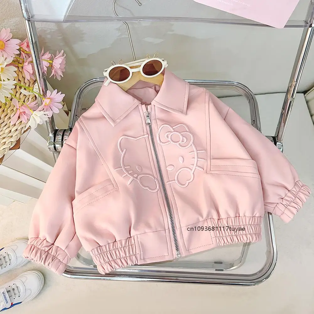 2025 Spring Hello Kitty Embroidery Toddler Girls Pu Leather Jackets Clothing Kawaii Zipper Jacket Outerwear Zipper Casual Coat